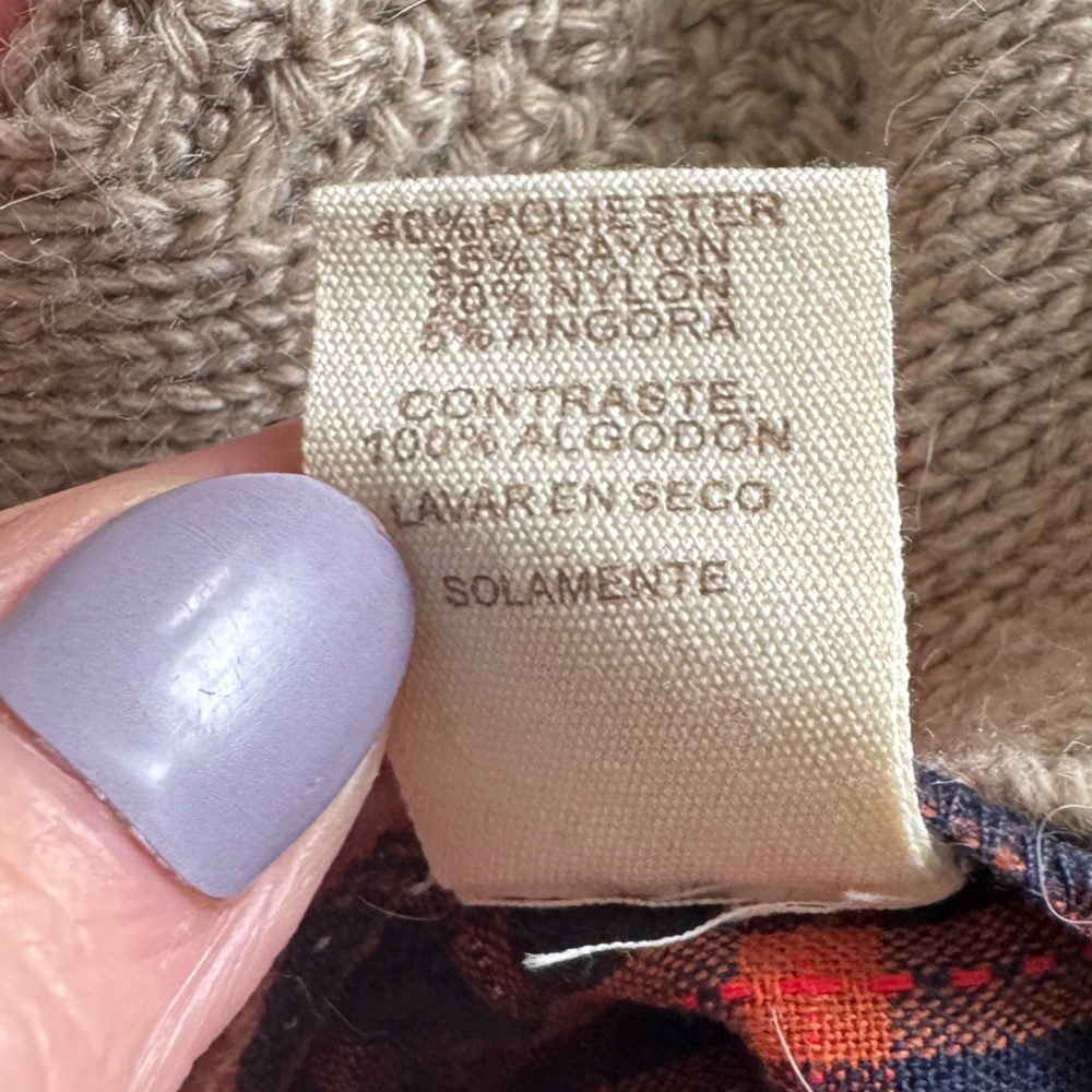 Mystree Cable Knit Sweater Flannel Plaid Back Beige Rust Large - Picture 9 of 10